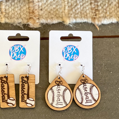 Retro Baseball Engraved Earrings – Hand-Painted Birch Wood