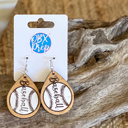 Teardrop Shape  Retro Baseball Engraved Earrings – Hand-Painted Birch Wood