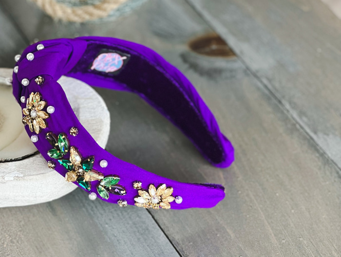 Mardi Gras Jeweled Hand-Sewn Top Knot Headband – Shine Like Royalty! 💜💚💛