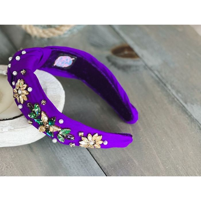 Mardi Gras Jeweled Hand-Sewn Top Knot Headband – Shine Like Royalty! 💜💚💛