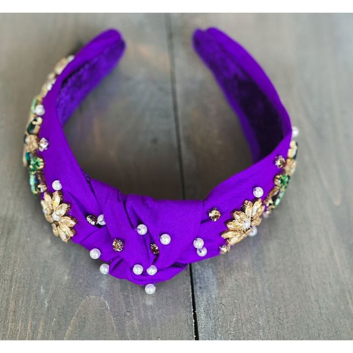 Mardi Gras Jeweled Hand-Sewn Top Knot Headband – Shine Like Royalty! 💜💚💛