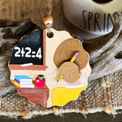 Hand-Painted Teacher Ornament – Scalloped Birch Wood