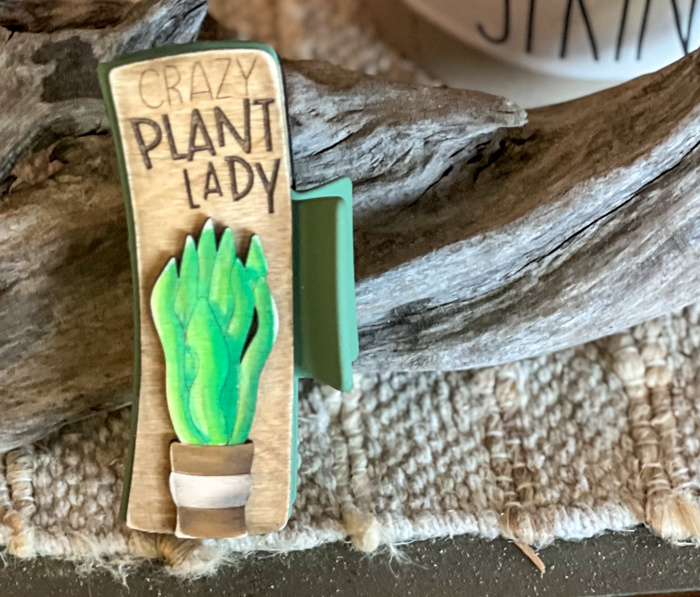 Crazy Plant Lady Hair Claw – 3D Hand-Painted Birch Wood