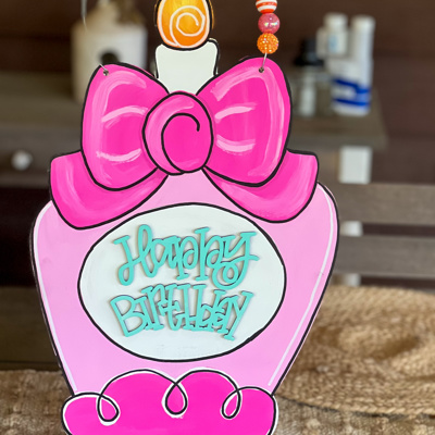 Hand-Painted Happy Birthday Door Hanger – Preppy Pink Cake Design