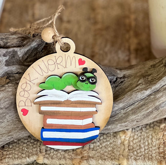 Bookworm Ornament – Handcrafted & Hand-Painted Birch
