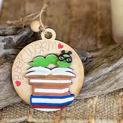 Bookworm Ornament – Handcrafted & Hand-Painted Birch