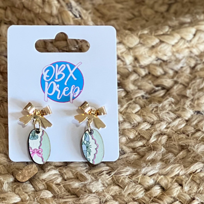  Lobster Coquette Earrings – Gold Bow + Soft Blue Print