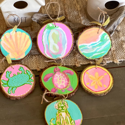 Hand-Painted Coastal Ornament Set | Grandmillennial Preppy Christmas Decor | OBX Handmade Wood Slices