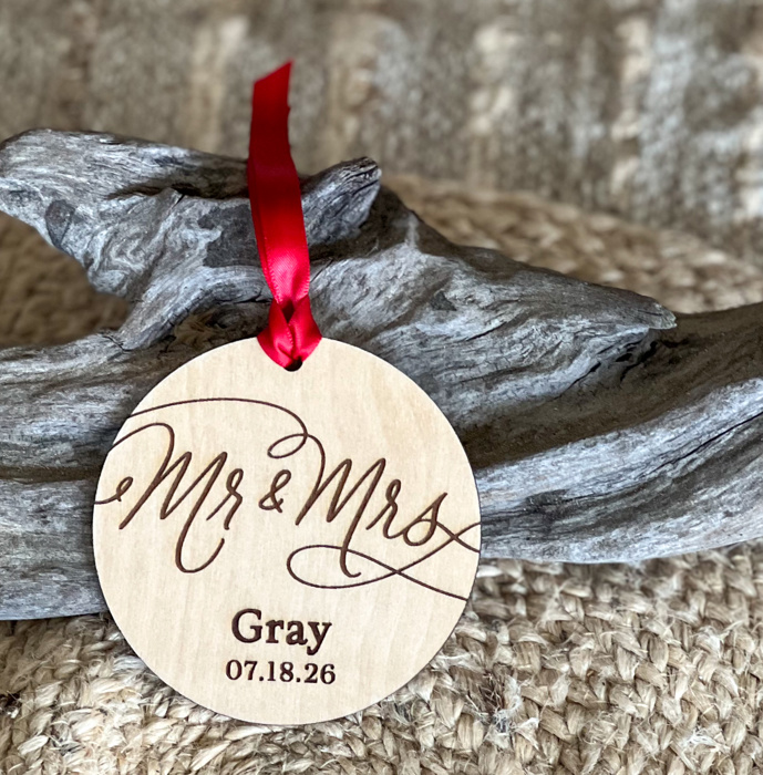 Mr. & Mrs. Engraved Birch Wood Ornament – Golden Oak Stain – Personalized Wedding Keepsake – OBX Handmade