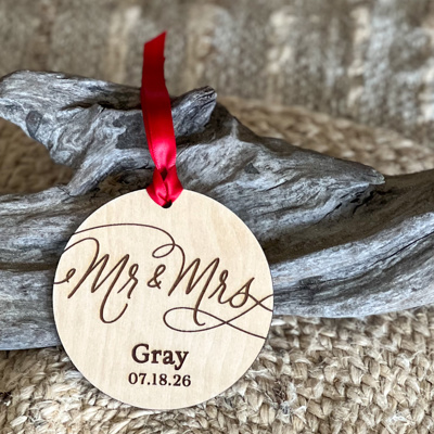 Mr. & Mrs. Engraved Birch Wood Ornament – Golden Oak Stain – Personalized Wedding Keepsake – OBX Handmade