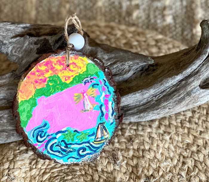Hand-Painted NC Ornament – Preppy Palm Beach Coastal Style on Live Edge Wood | OBX Coastal Christmas Keepsake