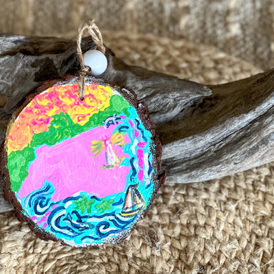 Hand-Painted NC Ornament – Preppy Palm Beach Coastal Style on Live Edge Wood | OBX Coastal Christmas Keepsake