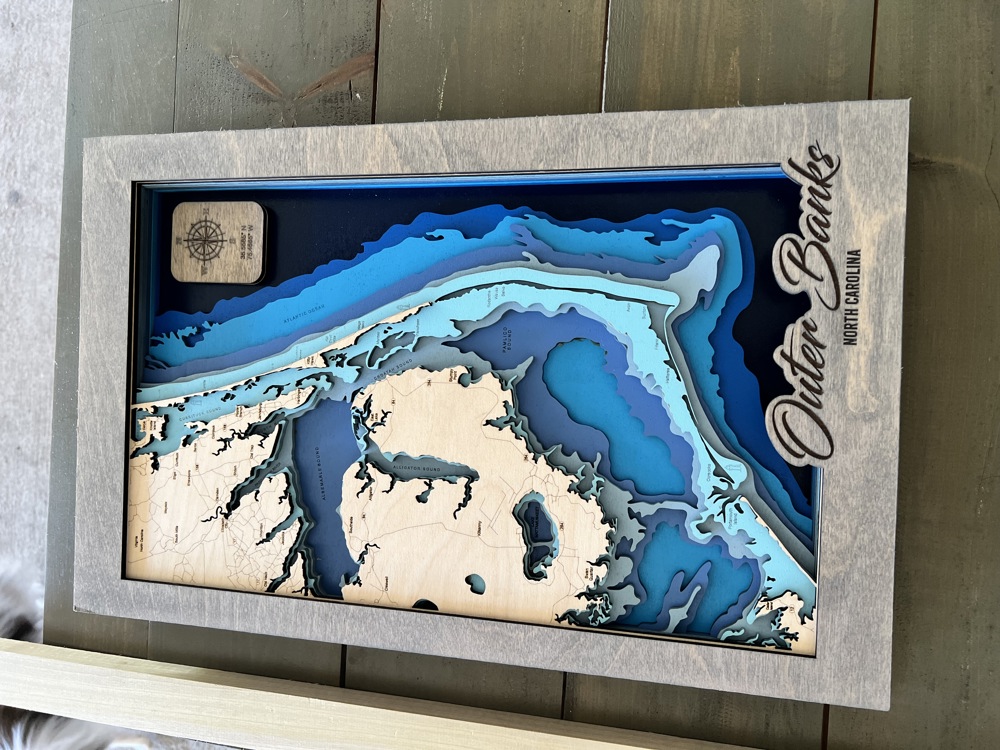 OBX Bathymetric Wood Map, Outer Banks Topographical Wood Wall Map and Home Decor