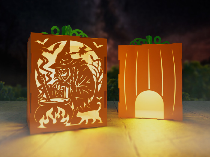Haunt-O-Lanterns – 3D Pumpkin Light Boxes | Handmade Birch Halloween Décor | Spooky Tea Light Lantern with Faces or Haunted Scenes