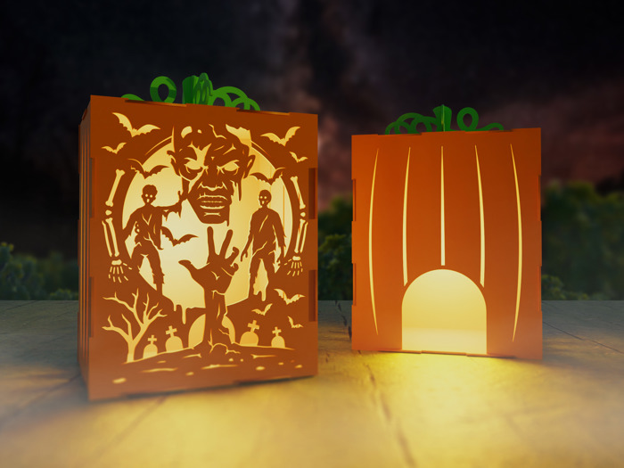 Haunt-O-Lanterns – 3D Pumpkin Light Boxes | Handmade Birch Halloween Décor | Spooky Tea Light Lantern with Faces or Haunted Scenes