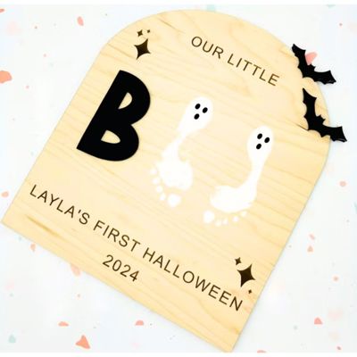 🎃 Baby’s First Halloween Footprint Sign – Handmade Birch Keepsake