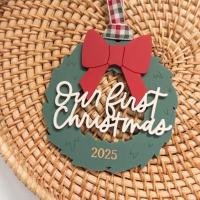Personalized “Our First Christmas” Wreath Ornament – Hand-Painted Birch Wood – OBX Handmade Holiday Keepsake