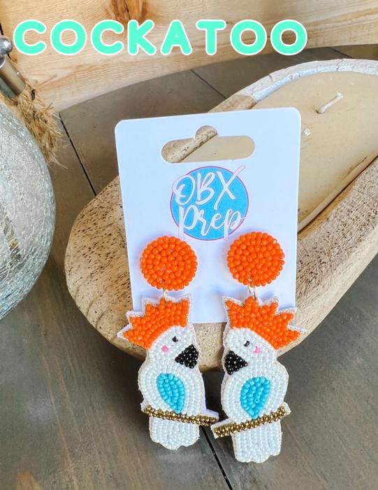 Tropical Bird Cockatoo Seed Beaded Dangle Earrings