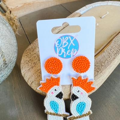 Tropical Bird Cockatoo Seed Beaded Dangle Earrings