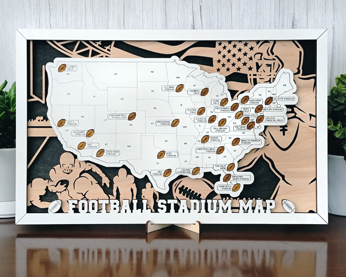 Stadium Series Football Stadium Travel Map – 18" x 10" Engraved Wooden US Map with Customizable Nameplate