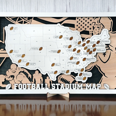 Stadium Series Football Stadium Travel Map – 18" x 10" Engraved Wooden US Map with Customizable Nameplate