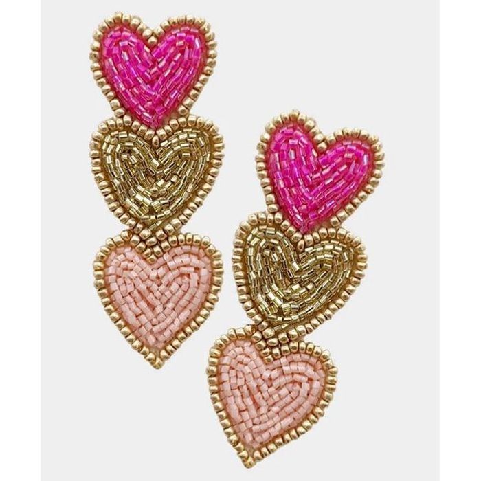 Triple Hearts Seed Bead Dangle Earrings