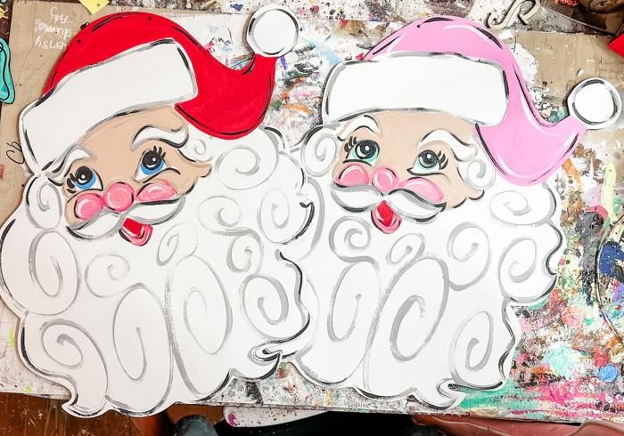 Vintage Santa Door Hanger | Hand Painted Christmas Sign | Red or Pink Santa Hat | 18" Baltic Birch Wood