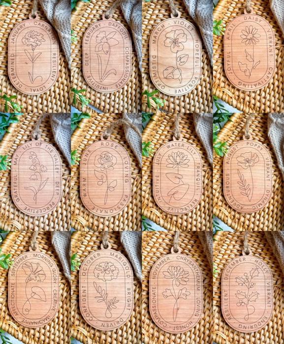 Birth Month Flower Engraved Wood Ornaments – Golden Oak Keepsake Gift