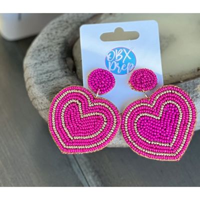  Fuschia Heart Gold Stripe Valentine's Day Seed Bead Drop Earrings