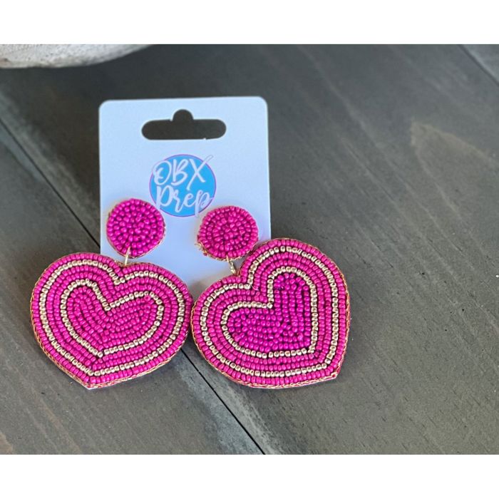  Fuschia Heart Gold Stripe Valentine's Day Seed Bead Drop Earrings