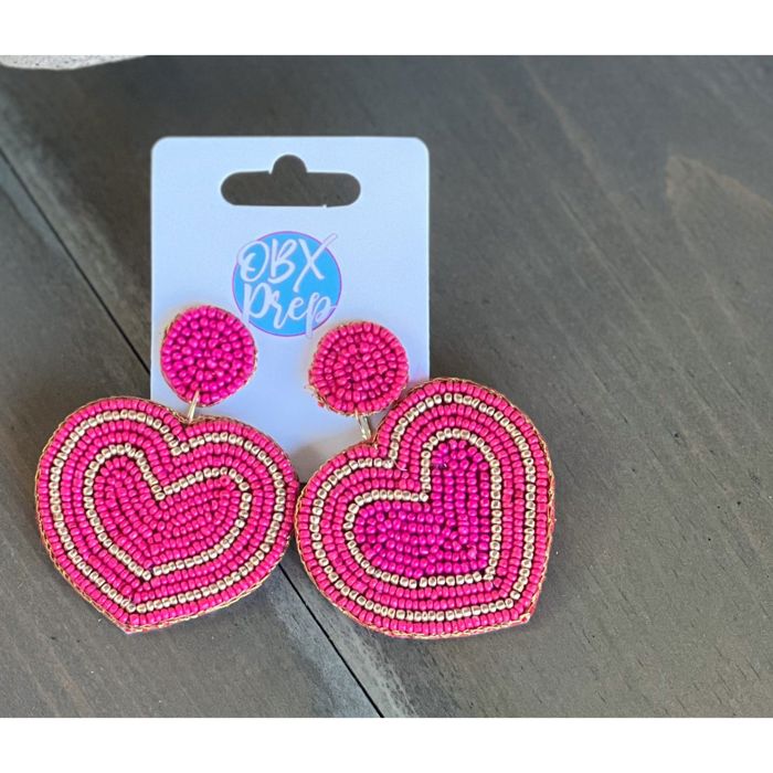  Fuschia Heart Gold Stripe Valentine's Day Seed Bead Drop Earrings