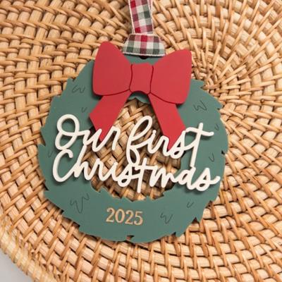 Personalized “Our First Christmas” Wreath Ornament – Hand-Painted Birch Wood – OBX Handmade Holiday Keepsake