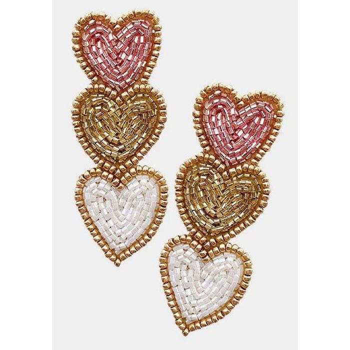 Triple Hearts Seed Bead Dangle Earrings