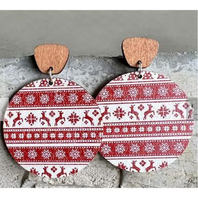 Christmas Round Wood Dangle Earrings