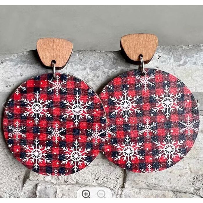 Christmas Round Wood Dangle Earrings
