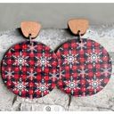Buffalo Check Snowflake Christmas Round Wood Dangle Earrings