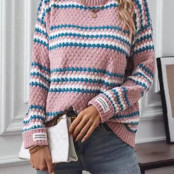 Contrast Striped Round Neck Loose Sweater