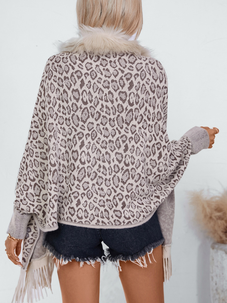 Leopard Pattern Fuzzy Trim Batwing Sleeve Fringe Hem Cardigan