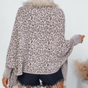  Leopard Pattern Fuzzy Trim Batwing Sleeve Fringe Hem Cardigan