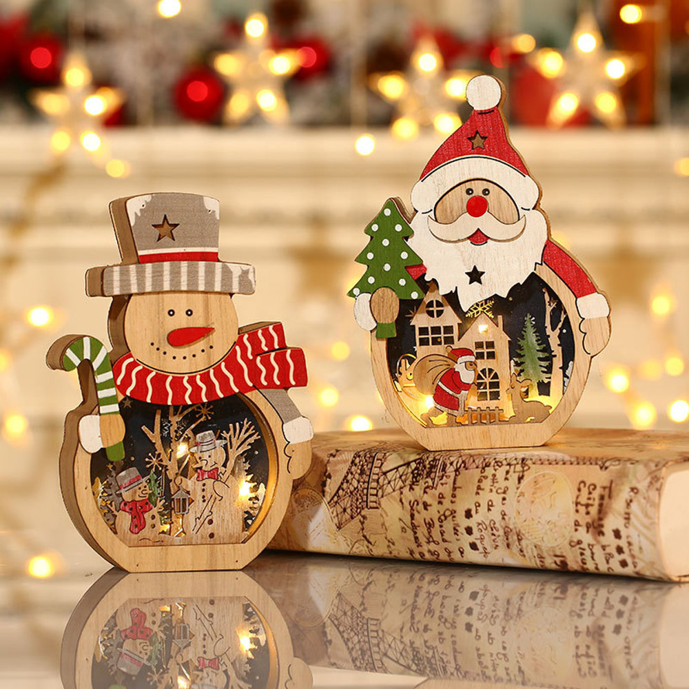 Wooden Santa Snowman Christmas Ornament