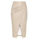 Beige Small Womens Faux Leather Midi Skirt