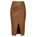 Brown Small Womens Faux Leather Midi Skirt