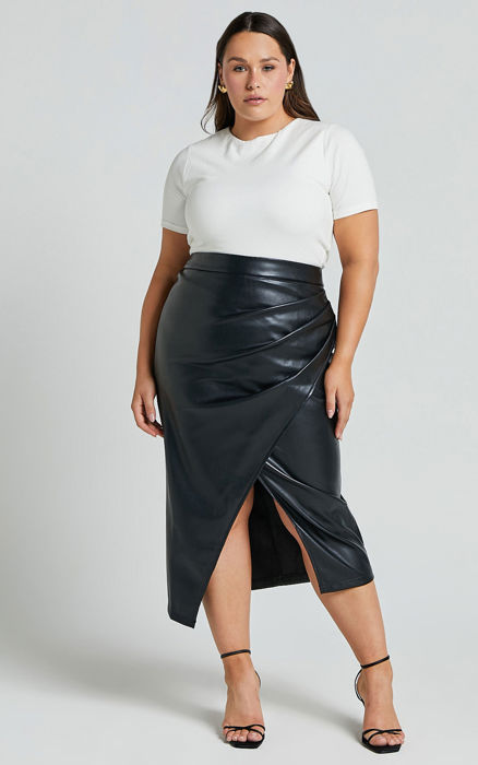 Womens Faux Leather Midi Skirt