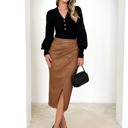  Womens Faux Leather Midi Skirt