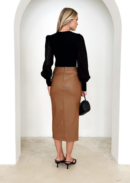 Womens Faux Leather Midi Skirt