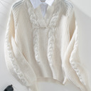 Beige Small Women's Collar Knitted Pullover Sweater