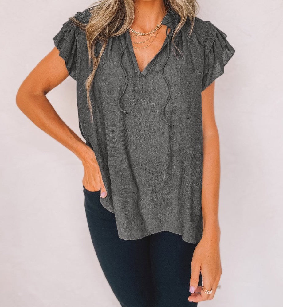 Ruffled Sleeve Drawstring Top