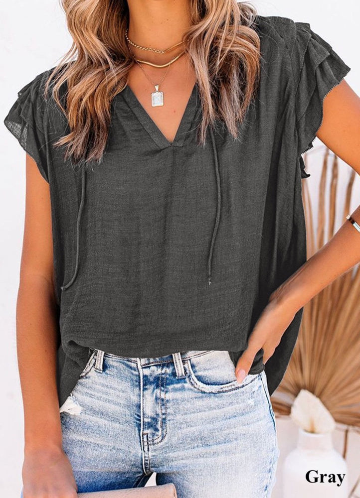 Ruffled Sleeve Drawstring Top