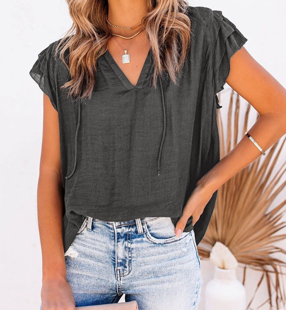 Ruffled Sleeve Drawstring Top