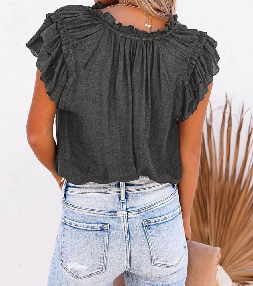 Ruffled Sleeve Drawstring Top